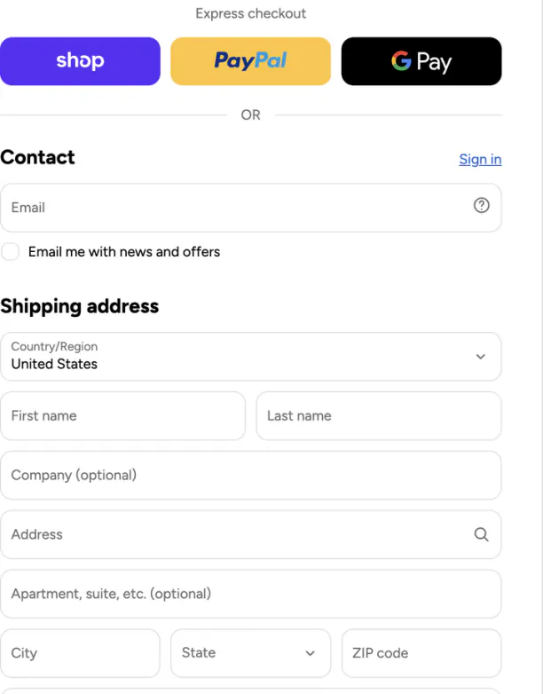 Lorex checkout on mobile. Express checkout sits at the top with Shop Pay, PayPal and Google Pay buttons, then a divider reading OR, then contact and shipping-address fields — email, first and last name, company, address, apartment — before a City, State and ZIP code row at the very bottom. The State control is a closed dropdown with no value selected.