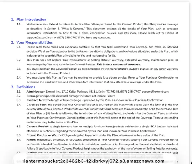 The protection contract rendered on a 390-pixel-wide phone screen. A full page of dense legal text runs edge to edge at a size far below readable, covering Plan Introduction, Your Responsibilities and Definitions. Individual clauses are visible as gray lines rather than legible sentences.
