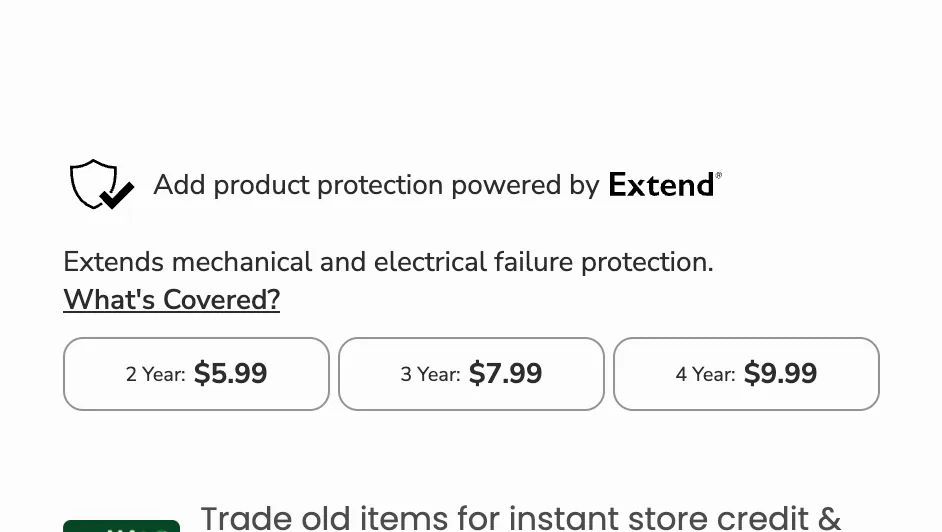 The Lorex product-page protection widget at desktop width. A shield icon and the line Add product protection powered by Extend, then Extends mechanical and electrical failure protection, then an underlined What’s Covered? link. Below sit three outlined tier buttons of identical appearance: 2 Year 5.99 dollars, 3 Year 7.99 dollars, 4 Year 9.99 dollars. None of the three is pre-selected.