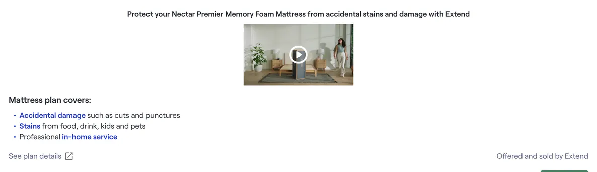The coverage block of the Nectar offer in isolation: the product headline, a video thumbnail, the three-bullet list of what the plan covers, See plan details, and Offered and sold by Extend. No sentence anywhere in the block mentions a manufacturer warranty.