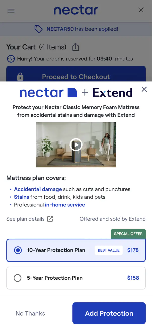 Nectar protection offer on a phone, with the cart visible behind it. The cart shows a promo banner reading NECTAR50 has been applied, a line reading Your Cart 4 items, and a countdown reading Hurry! Your order is reserved for 09:40 minutes. In front, the offer modal shows the coverage bullets, a 10-Year Protection Plan at 178 dollars pre-selected with Best Value and Special Offer badges, a 5-Year Protection Plan at 158 dollars, and a footer with No Thanks in small plain text beside a large filled Add Protection button.